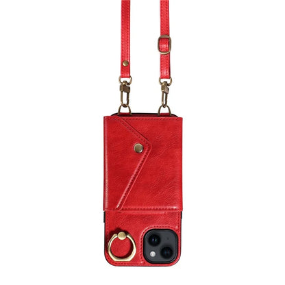 002 For iPhone 14 Case with Crossbody Shoulder Strap Leather Card Holder Back Phone Cover
