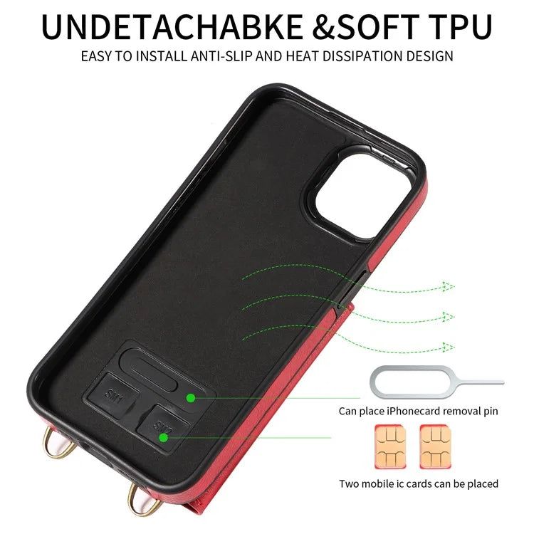 002 For iPhone 14 Case with Crossbody Shoulder Strap Leather Card Holder Back Phone Cover
