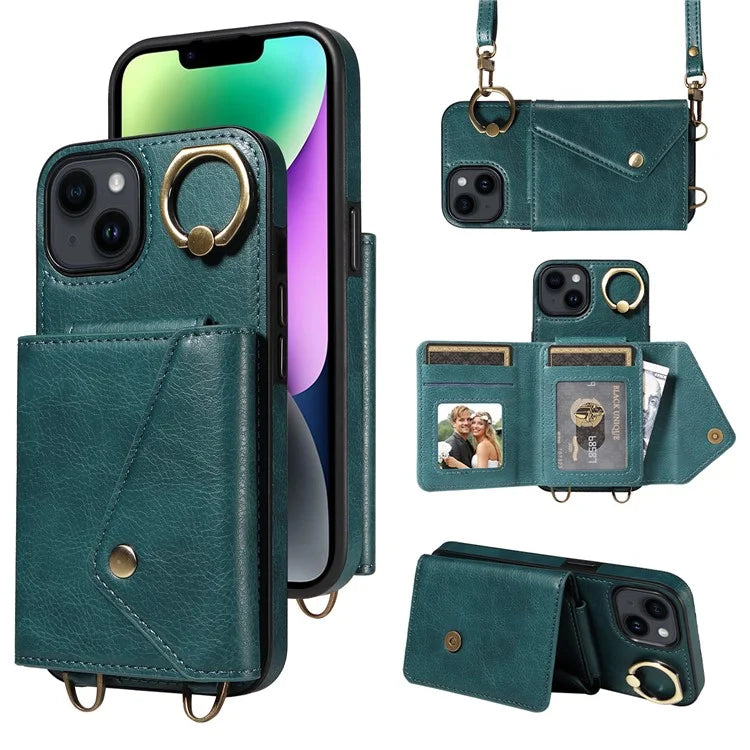 002 For iPhone 14 Case with Crossbody Shoulder Strap Leather Card Holder Back Phone Cover