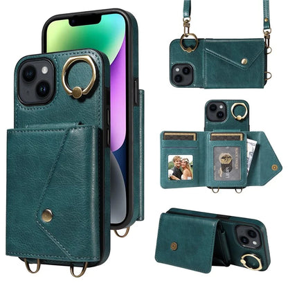 002 For iPhone 14 Case with Crossbody Shoulder Strap Leather Card Holder Back Phone Cover