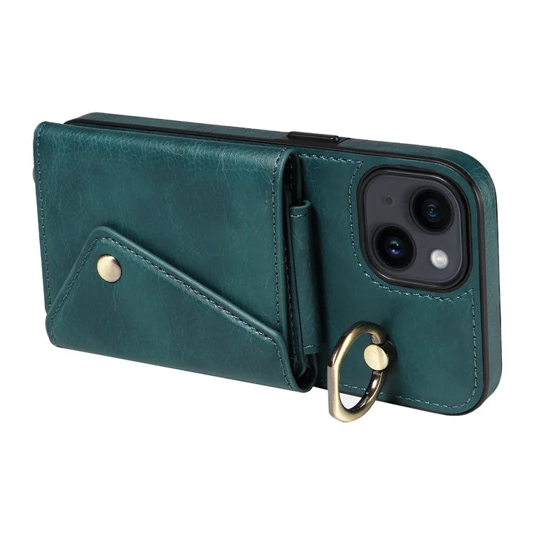 002 For iPhone 14 Case with Crossbody Shoulder Strap Leather Card Holder Back Phone Cover