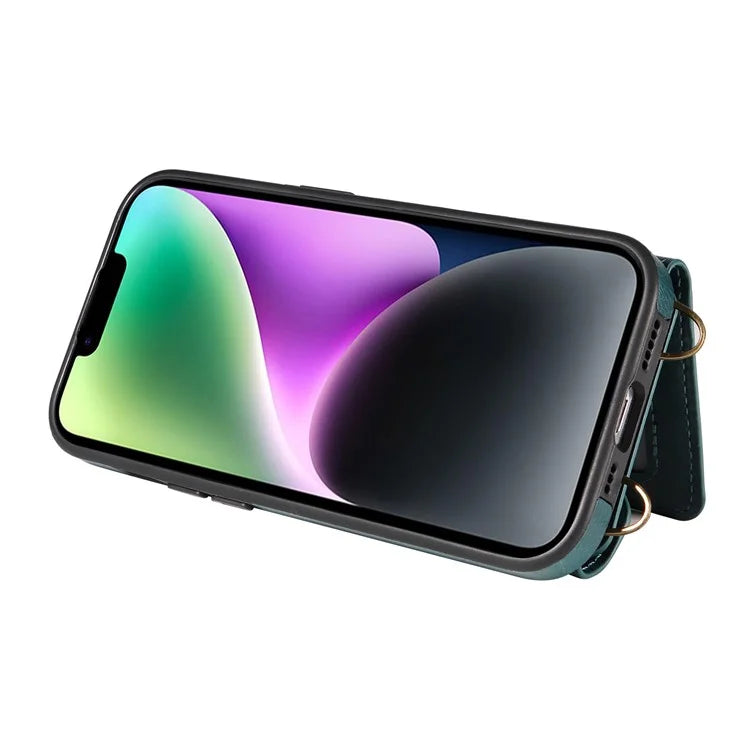 002 For iPhone 14 Case with Crossbody Shoulder Strap Leather Card Holder Back Phone Cover