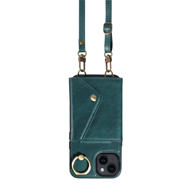 002 For iPhone 14 Case with Crossbody Shoulder Strap Leather Card Holder Back Phone Cover