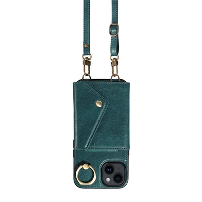 002 For iPhone 14 Case with Crossbody Shoulder Strap Leather Card Holder Back Phone Cover