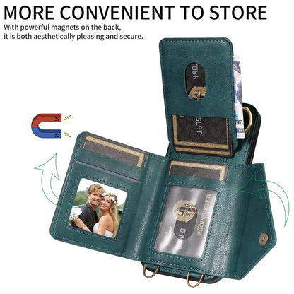 002 For iPhone 14 Case with Crossbody Shoulder Strap Leather Card Holder Back Phone Cover