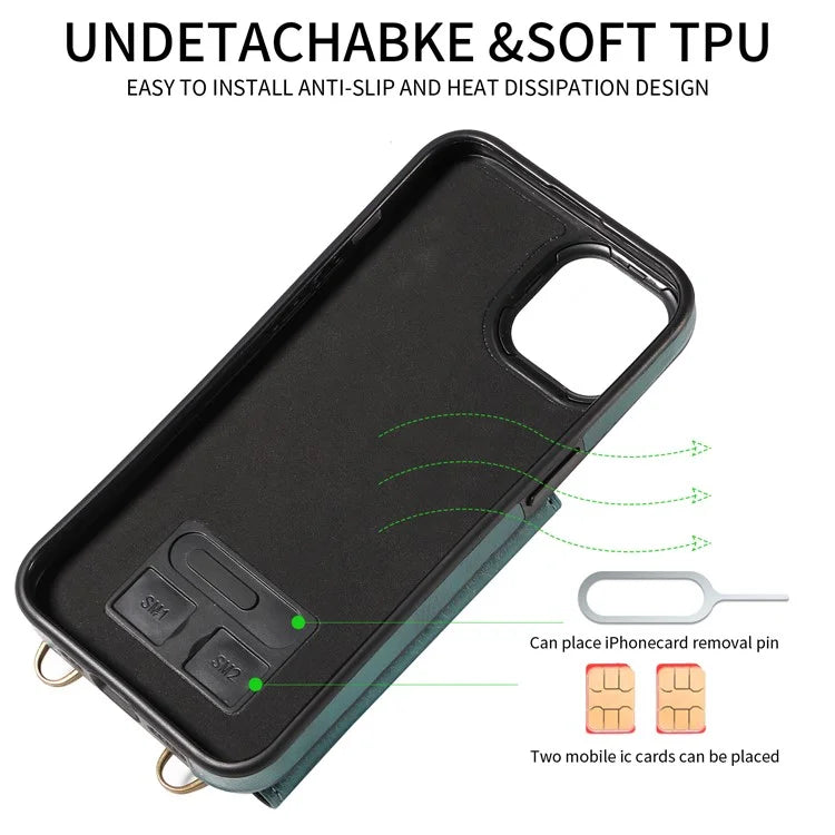 002 For iPhone 14 Case with Crossbody Shoulder Strap Leather Card Holder Back Phone Cover