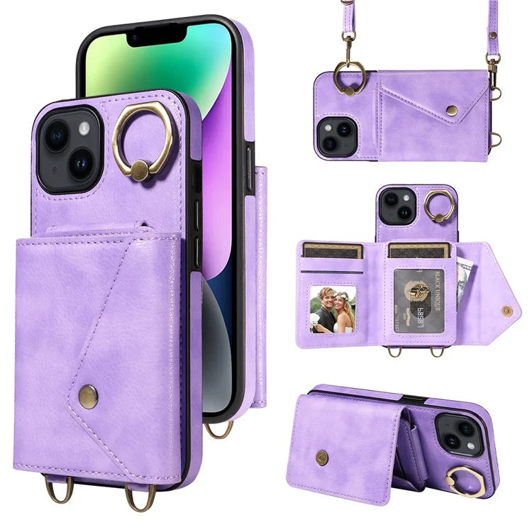 002 For iPhone 14 Case with Crossbody Shoulder Strap Leather Card Holder Back Phone Cover
