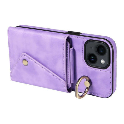 002 For iPhone 14 Case with Crossbody Shoulder Strap Leather Card Holder Back Phone Cover