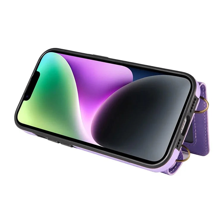 002 For iPhone 14 Case with Crossbody Shoulder Strap Leather Card Holder Back Phone Cover