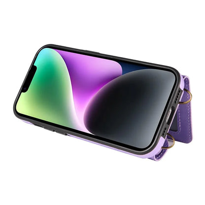 002 For iPhone 14 Case with Crossbody Shoulder Strap Leather Card Holder Back Phone Cover
