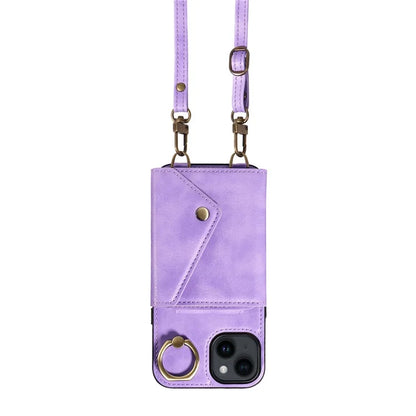 002 For iPhone 14 Case with Crossbody Shoulder Strap Leather Card Holder Back Phone Cover