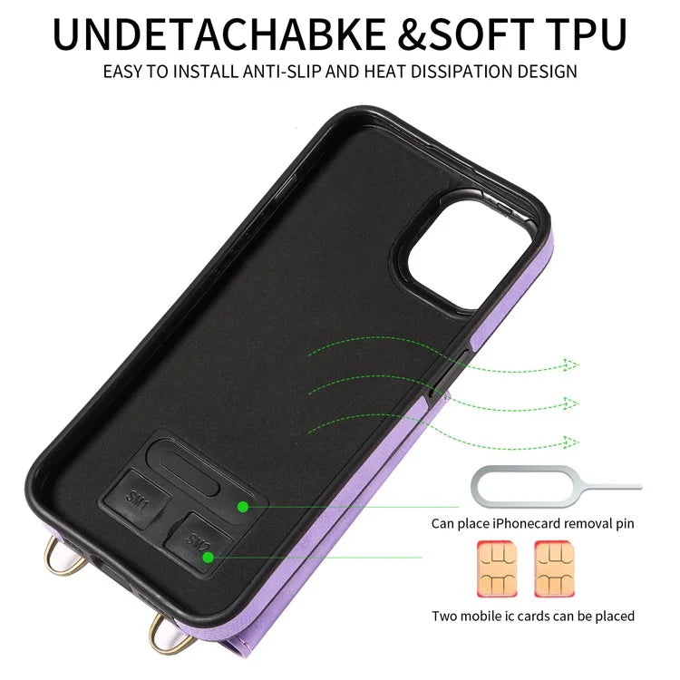 002 For iPhone 14 Case with Crossbody Shoulder Strap Leather Card Holder Back Phone Cover