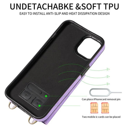 002 For iPhone 14 Case with Crossbody Shoulder Strap Leather Card Holder Back Phone Cover