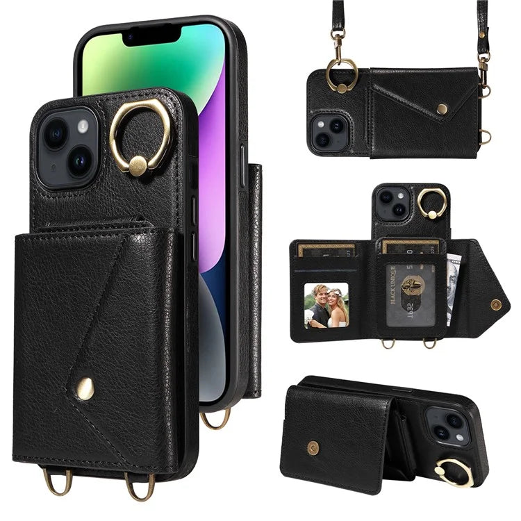 002 For iPhone 14 Case with Crossbody Shoulder Strap Leather Card Holder Back Phone Cover
