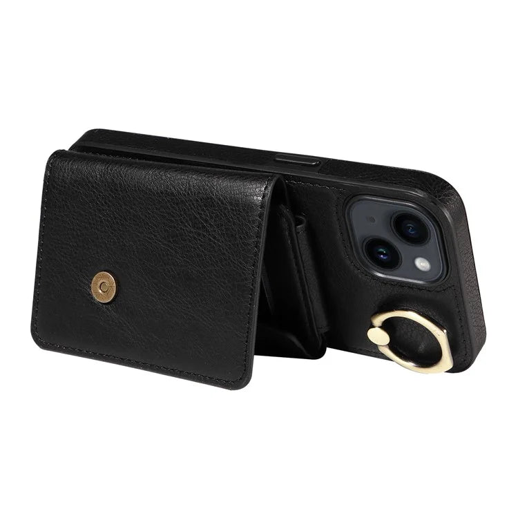 002 For iPhone 14 Case with Crossbody Shoulder Strap Leather Card Holder Back Phone Cover