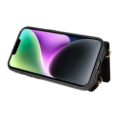 002 For iPhone 14 Case with Crossbody Shoulder Strap Leather Card Holder Back Phone Cover