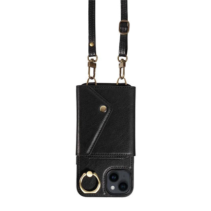 002 For iPhone 14 Case with Crossbody Shoulder Strap Leather Card Holder Back Phone Cover