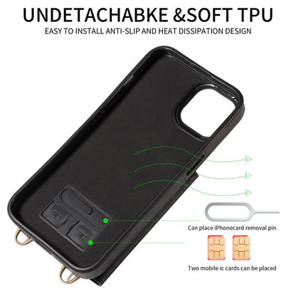 002 For iPhone 14 Case with Crossbody Shoulder Strap Leather Card Holder Back Phone Cover