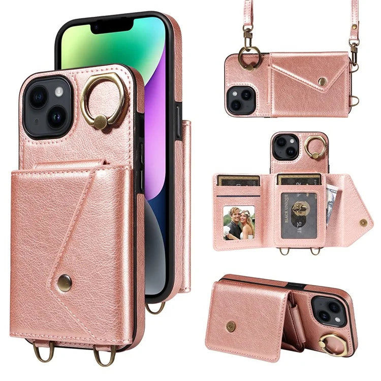 002 For iPhone 14 Case with Crossbody Shoulder Strap Leather Card Holder Back Phone Cover