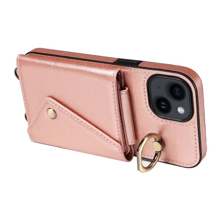 002 For iPhone 14 Case with Crossbody Shoulder Strap Leather Card Holder Back Phone Cover