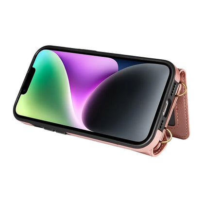 002 For iPhone 14 Case with Crossbody Shoulder Strap Leather Card Holder Back Phone Cover