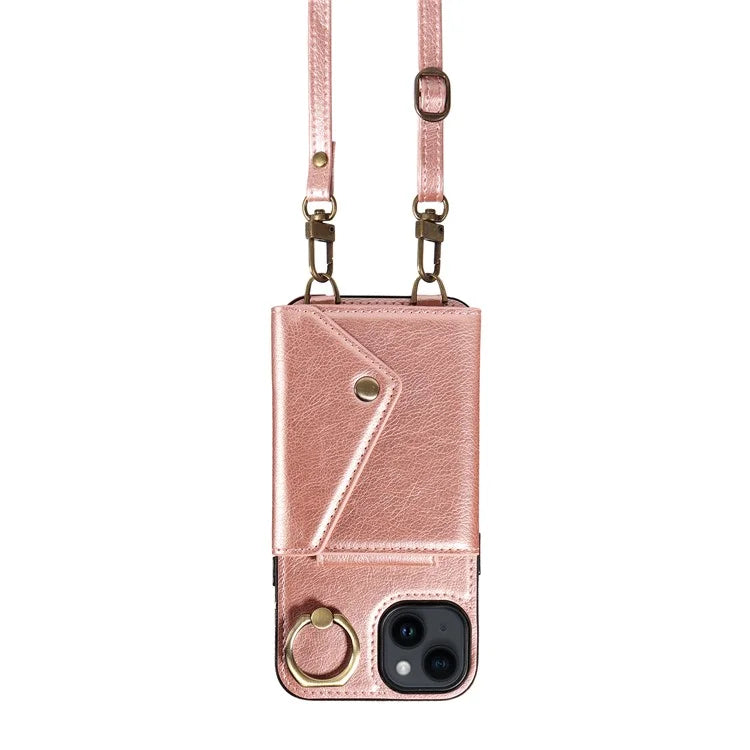 002 For iPhone 14 Case with Crossbody Shoulder Strap Leather Card Holder Back Phone Cover