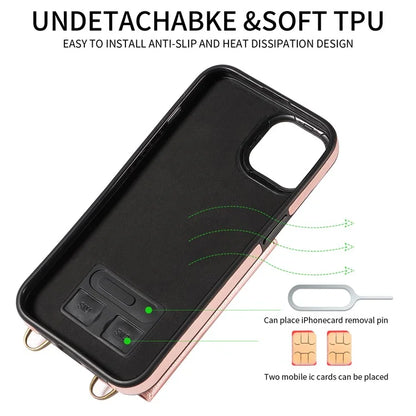 002 For iPhone 14 Case with Crossbody Shoulder Strap Leather Card Holder Back Phone Cover