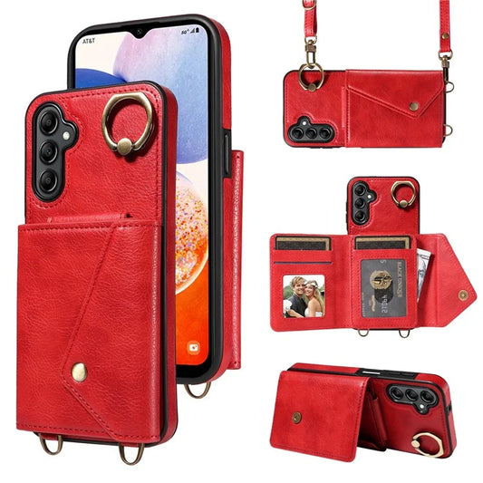 002 For Samsung Galaxy A14 4G / 5G Case Leather Anti-Drop Kickstand Back Cover Crossbody Strap