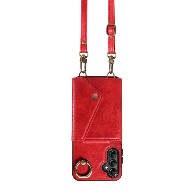 002 For Samsung Galaxy A14 4G / 5G Case Leather Anti-Drop Kickstand Back Cover Crossbody Strap