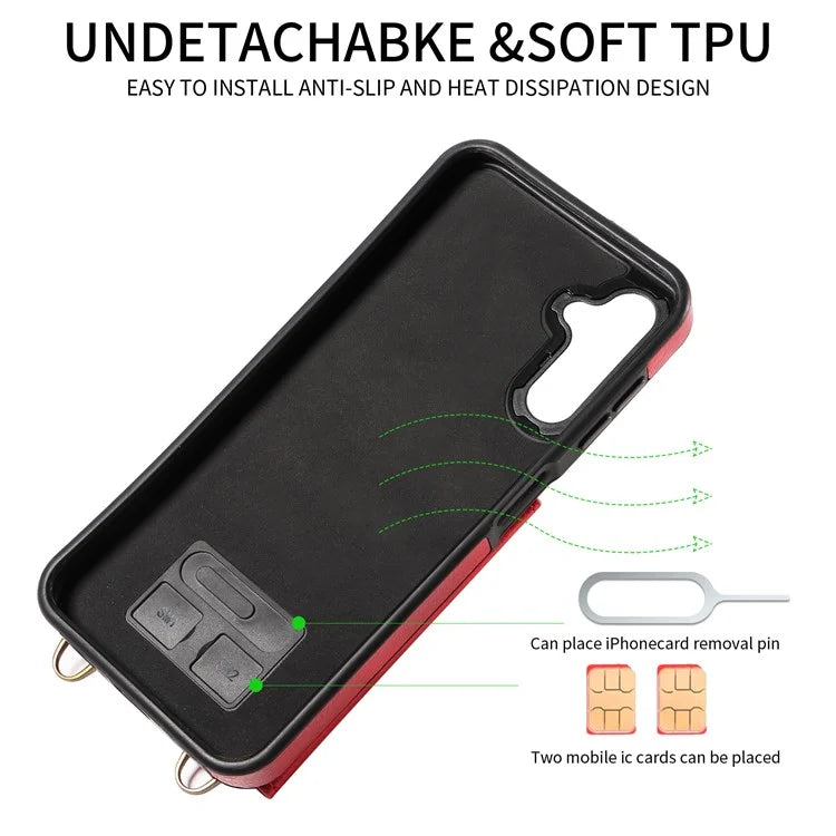 002 For Samsung Galaxy A14 4G / 5G Case Leather Anti-Drop Kickstand Back Cover Crossbody Strap