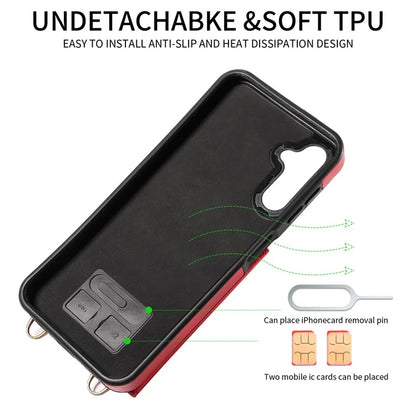 002 For Samsung Galaxy A14 4G / 5G Case Leather Anti-Drop Kickstand Back Cover Crossbody Strap