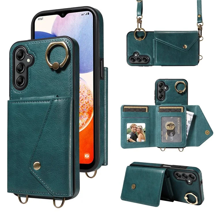 002 For Samsung Galaxy A14 4G / 5G Case Leather Anti-Drop Kickstand Back Cover Crossbody Strap