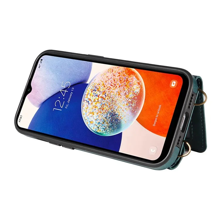 002 For Samsung Galaxy A14 4G / 5G Case Leather Anti-Drop Kickstand Back Cover Crossbody Strap