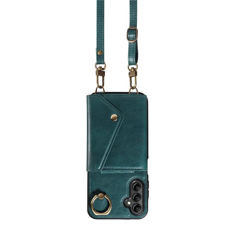 002 For Samsung Galaxy A14 4G / 5G Case Leather Anti-Drop Kickstand Back Cover Crossbody Strap