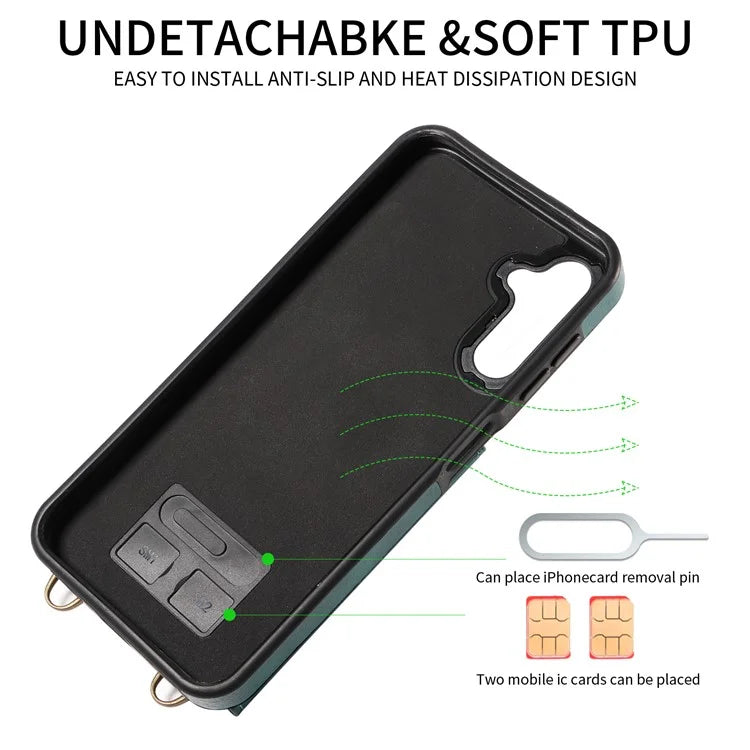 002 For Samsung Galaxy A14 4G / 5G Case Leather Anti-Drop Kickstand Back Cover Crossbody Strap