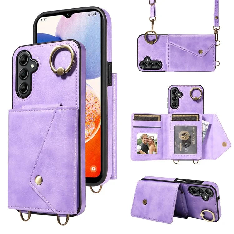 002 For Samsung Galaxy A14 4G / 5G Case Leather Anti-Drop Kickstand Back Cover Crossbody Strap