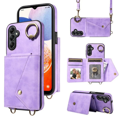 002 For Samsung Galaxy A14 4G / 5G Case Leather Anti-Drop Kickstand Back Cover Crossbody Strap