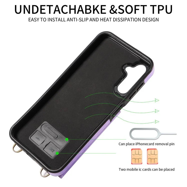 002 For Samsung Galaxy A14 4G / 5G Case Leather Anti-Drop Kickstand Back Cover Crossbody Strap