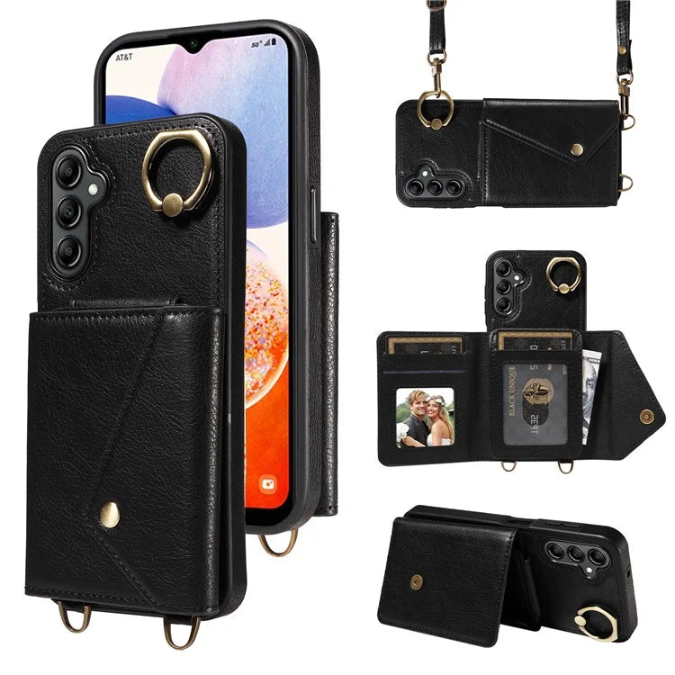 002 For Samsung Galaxy A14 4G / 5G Case Leather Anti-Drop Kickstand Back Cover Crossbody Strap