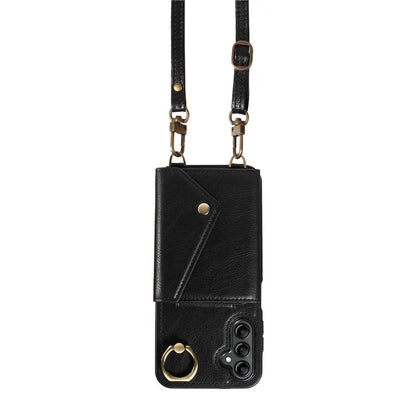 002 For Samsung Galaxy A14 4G / 5G Case Leather Anti-Drop Kickstand Back Cover Crossbody Strap