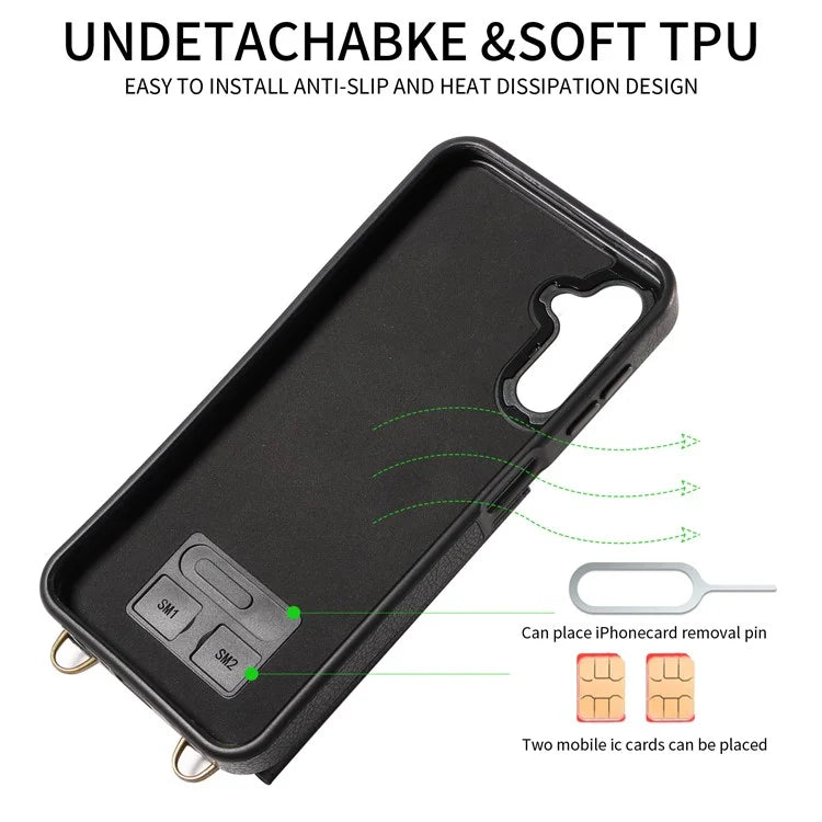 002 For Samsung Galaxy A14 4G / 5G Case Leather Anti-Drop Kickstand Back Cover Crossbody Strap