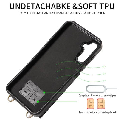 002 For Samsung Galaxy A14 4G / 5G Case Leather Anti-Drop Kickstand Back Cover Crossbody Strap