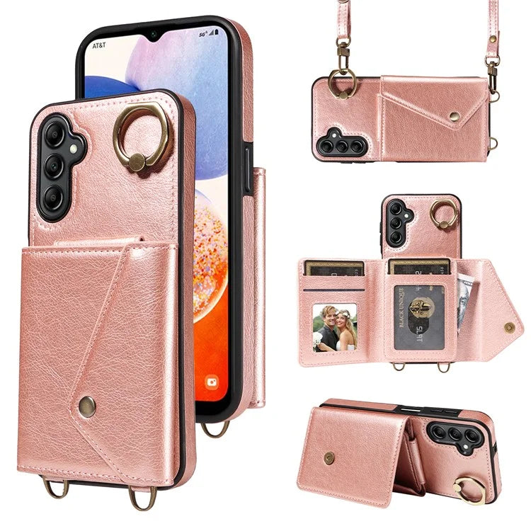 002 For Samsung Galaxy A14 4G / 5G Case Leather Anti-Drop Kickstand Back Cover Crossbody Strap