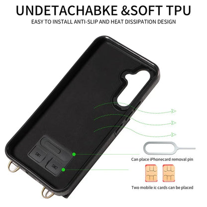 002 For Samsung Galaxy A54 5G Case Leather Card Holder Phone Case Crossbody Strap