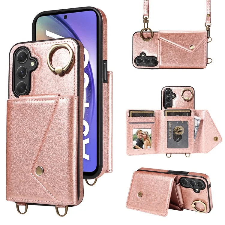 002 For Samsung Galaxy A54 5G Case Leather Card Holder Phone Case Crossbody Strap
