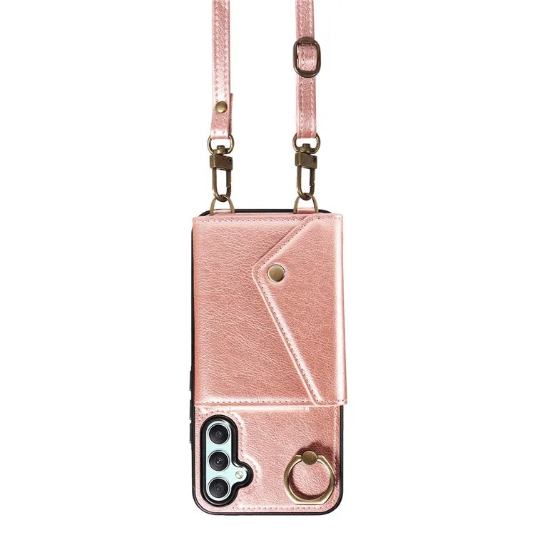 002 For Samsung Galaxy A34 5G Crossbody Case Leather TPU Phone Cover Card Holder Rotation Ring Kickstand