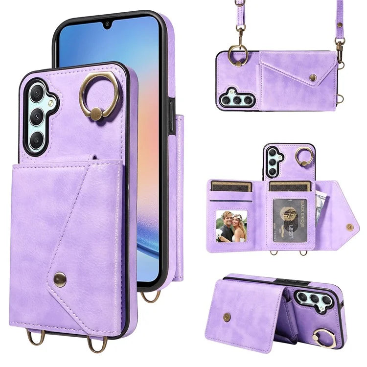 002 For Samsung Galaxy A34 5G Crossbody Case Leather TPU Phone Cover Card Holder Rotation Ring Kickstand