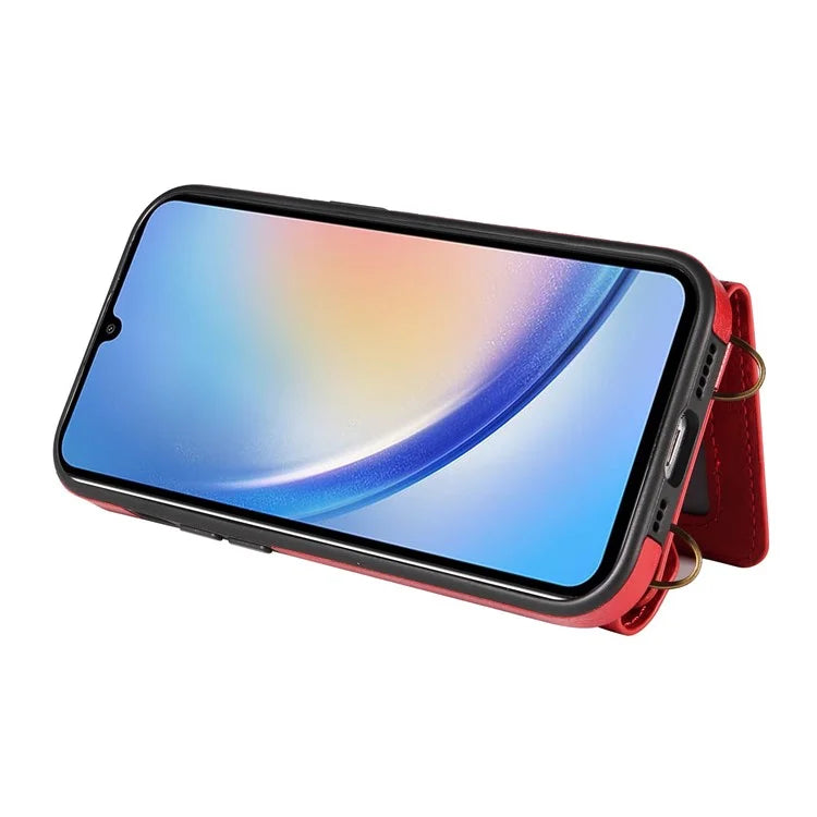 002 For Samsung Galaxy A34 5G Crossbody Case Leather TPU Phone Cover Card Holder Rotation Ring Kickstand