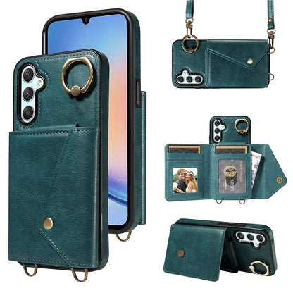 002 For Samsung Galaxy A15 5G Case Leather Lanyard Card Holder Phone Cover Finger Ring Holder