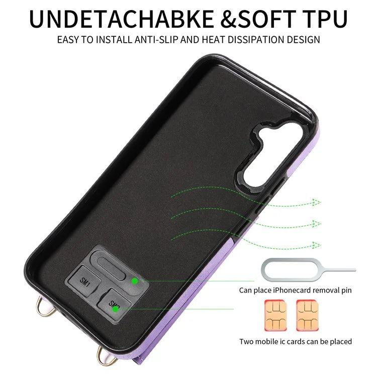 002 For Samsung Galaxy A15 5G Case Leather Lanyard Card Holder Phone Cover Finger Ring Holder